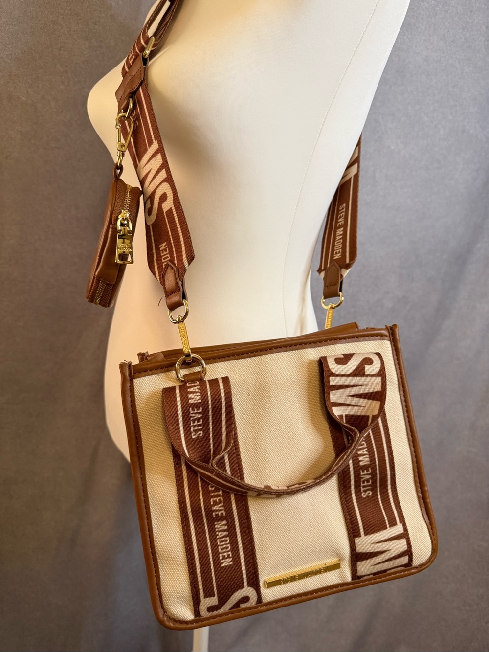 Steve Madden Canvas Crossbody Tote Bag w/ Coin Pouch | Brown & Cream Logo Strap